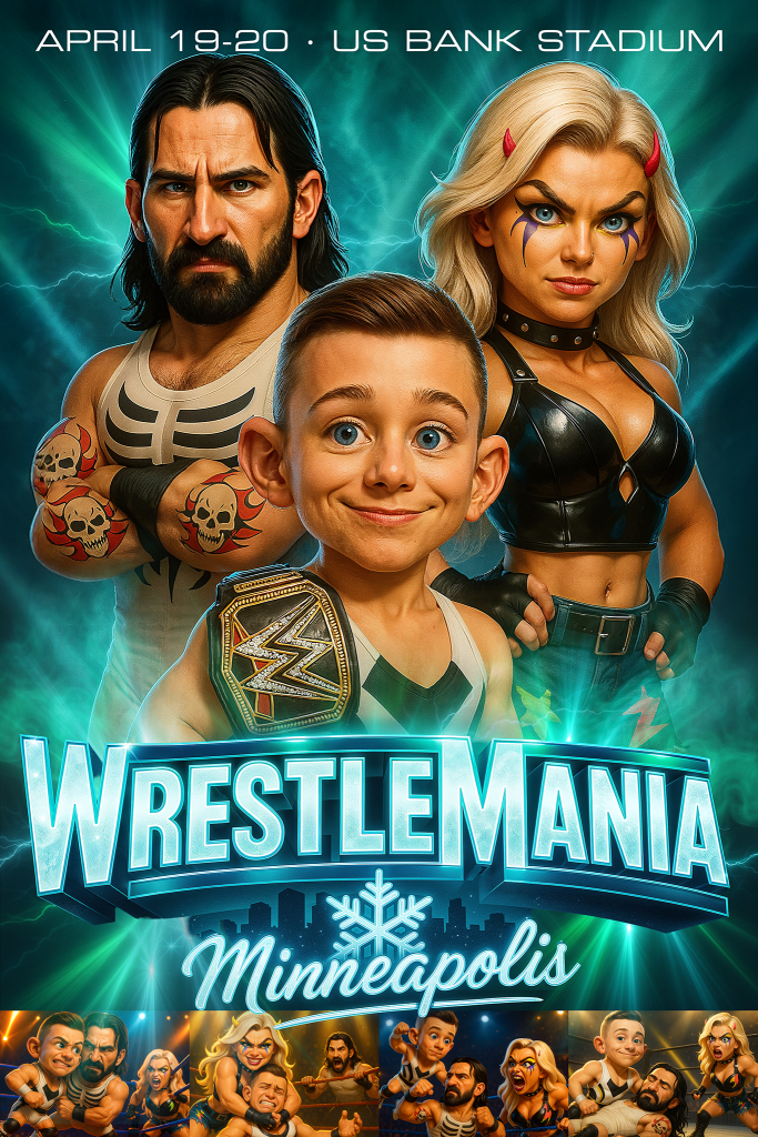 AI-generated WrestleMania Minneapolis 2025 poster created with Midjourney and ChatGPT, featuring stylized characters Max, Derek, and Alex in a dramatic showdown.